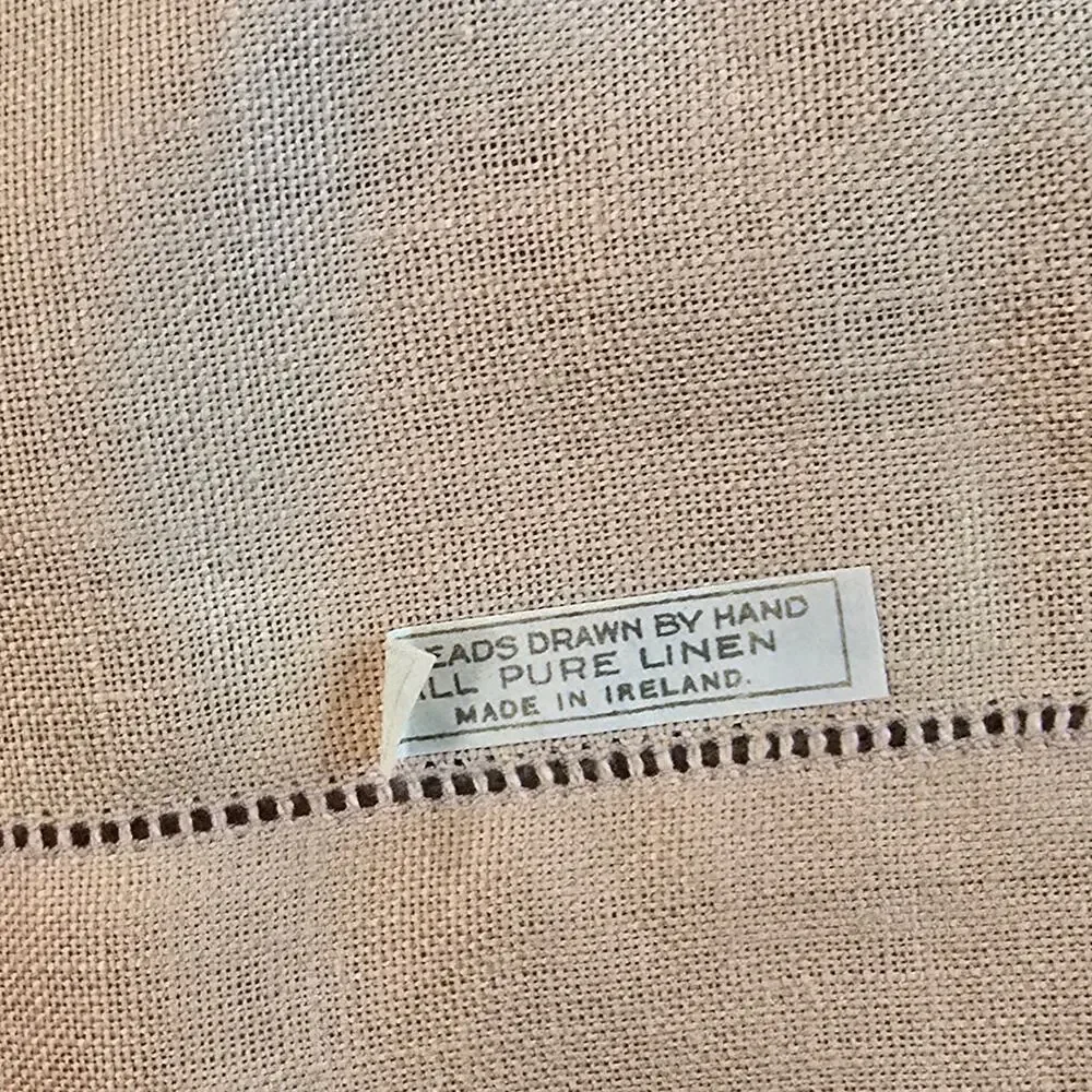 Irish Linen TableCloth & Napkin Set 7 Pieces Vintage Hand Drawn Peach Rectangle